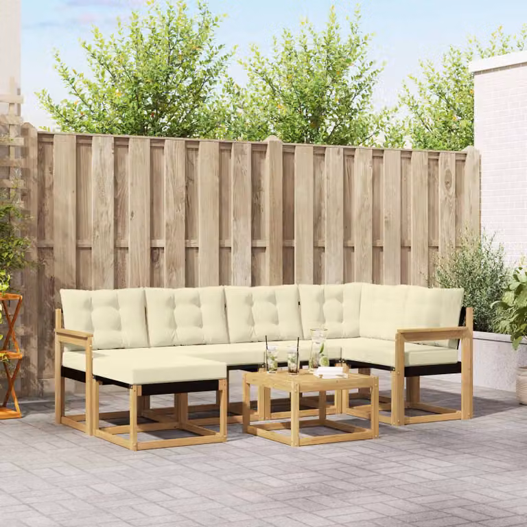 Set di divani da esterno vidaXL 7 pz in legno di acacia con cuscini Bianco e Crema