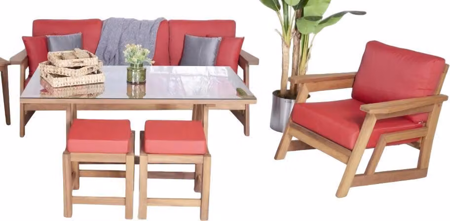 Designer Gartenmöbel Set 5tlg Sofagarnitur Esstisch Holz Möbel 2x Hocker