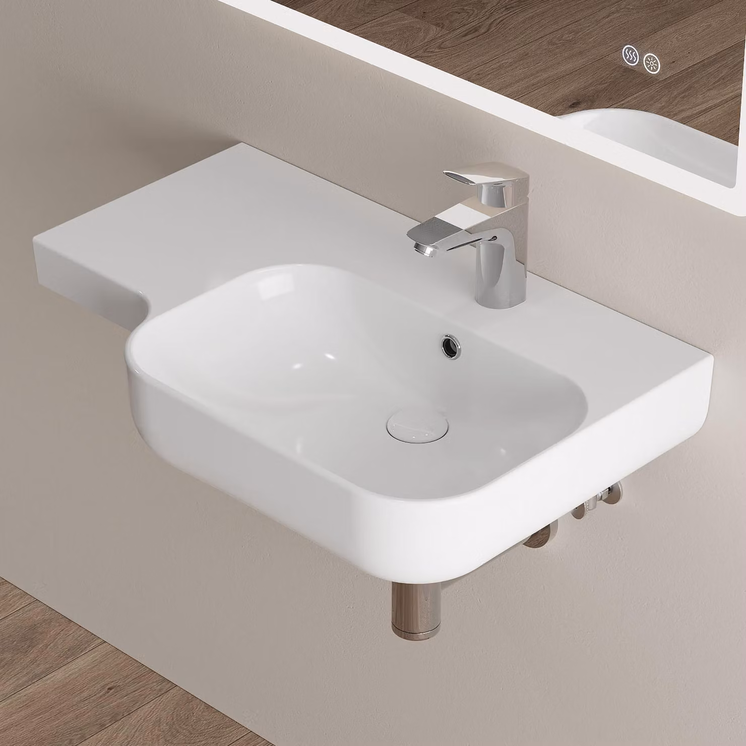 Lavabo da parete HOROW, 72 x 45 cm, con ripiano integrato, per bagno. Lavabo sospeso in Vetroceramica bianca, con foro per rubinetto e sistema di troppo pieno
