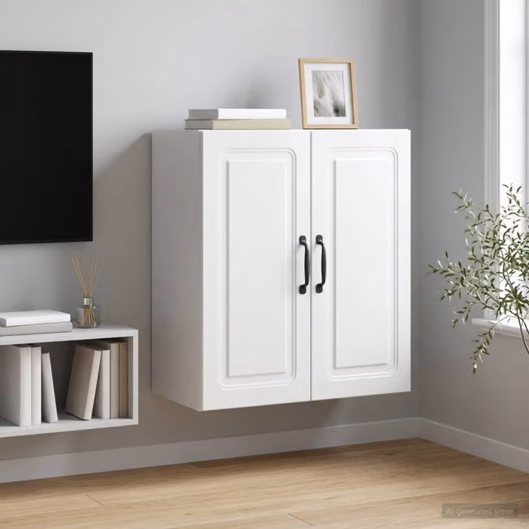 vidaXL Mobiletto a muro bianco lucido in legno con ante a battente e ripiani regolabili L: 59 cm, P: 31 cm, H: 60 cm