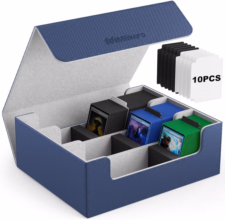 Contenitore per carte da collezione, dimensioni 30 x 25 x 11 cm, capacità per oltre 1800 carte, con 10 scomparti, colore blu