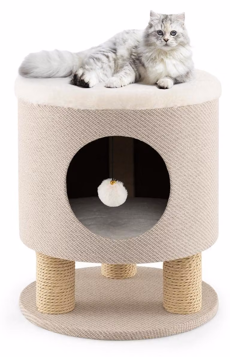 Tana per gatti in cartone con 3 pali in sisal e una pallina giocattolo, utilizzabile anche come poggiapiedi, con una capacità di carico fino a 60 kg, dimensioni 40 x 40 x 47 cm, colore beige