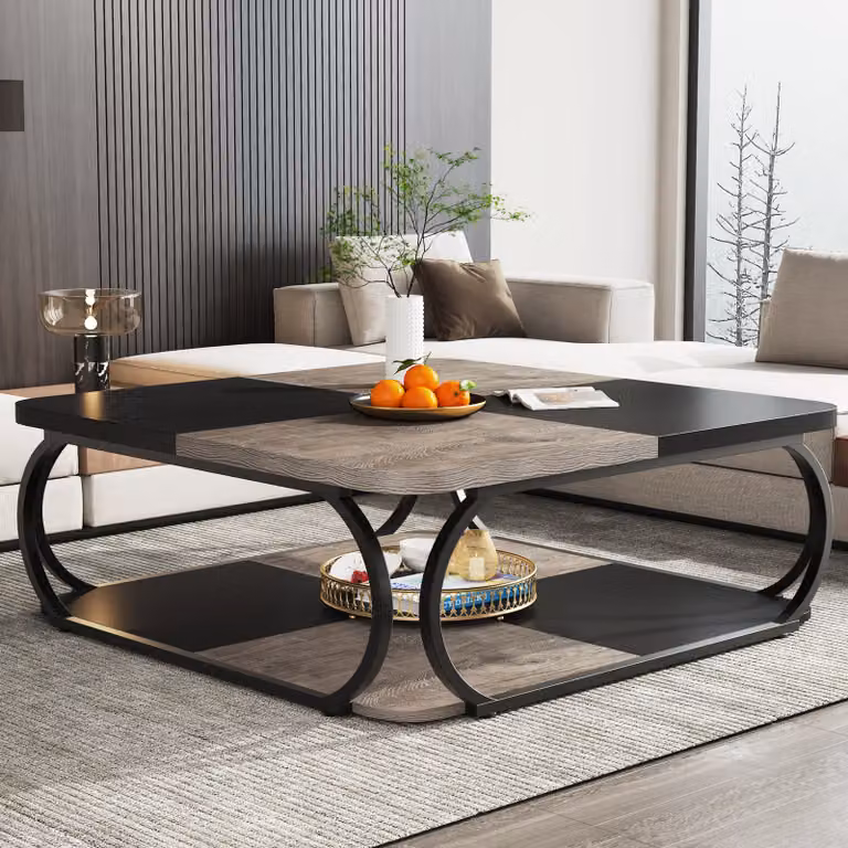 Tribesigns tavolino quadrato a 2 livelli, 101 cm tavolino basso da cascina con ripiano in legno per soggiorno moderno, nero grigio