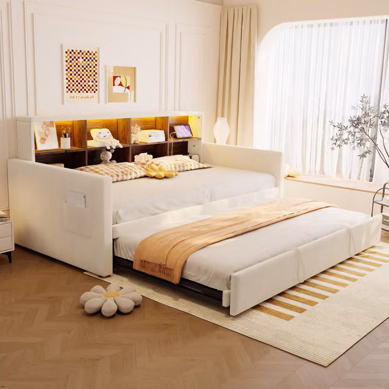 okwish divano letto 90x190 daybed letto per bambini con testata intelligente e strisce luminose a LED, letto singolo letto per ragazzi con prese di ricarica e vani portaoggetti, beige (senza materasso)