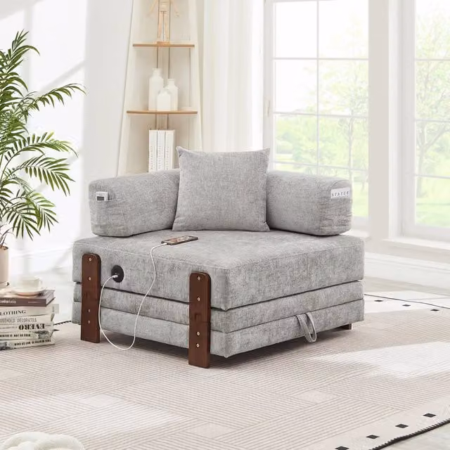 Divano letto pieghevole 84.0x170.5x48.0 cm con porte USB e Type-C; contenitore in tessuto grigio chiaro