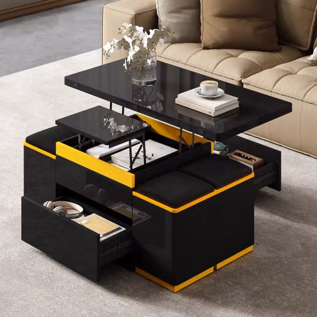 Tavolino da salotto elevabile con cassetti, vani aperti e 4 sgabelli contenitore, nero e giallo, 100 × 50 × 43 cm