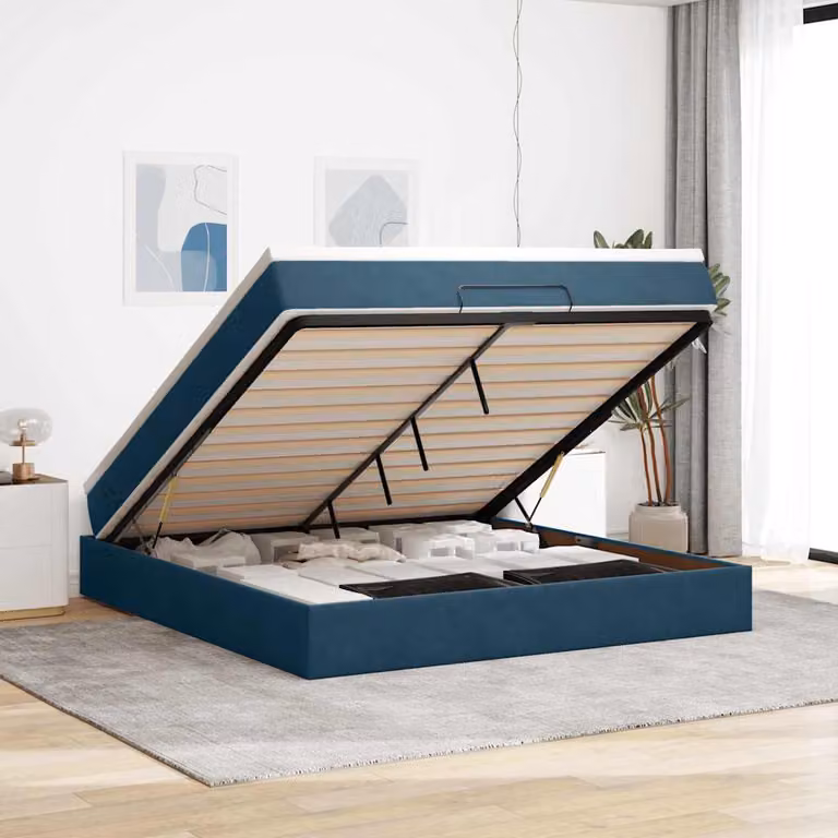 vidaXL Struttura Letto con Materasso e Contenitore Lift-Up in Velluto Blu e Bianco L: 180 cm, P: 200 cm, H: 280 cm