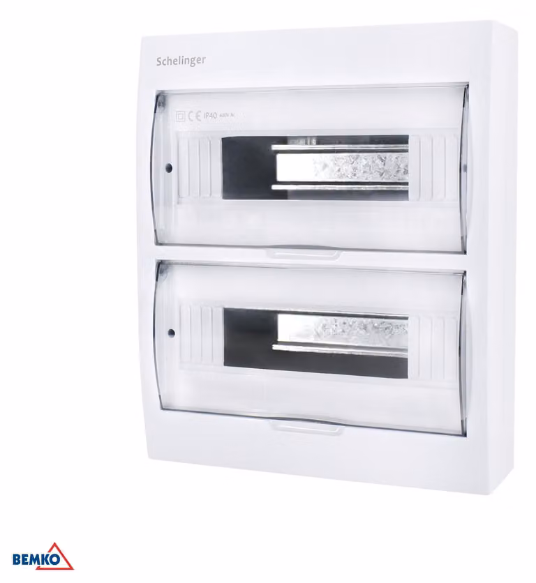 Quadro di distribuzione a parete, grado di protezione IP40, con 2 file da 12 moduli, dotato di 24 morsetti di fase (N) e 24 morsetti di terra (PE)