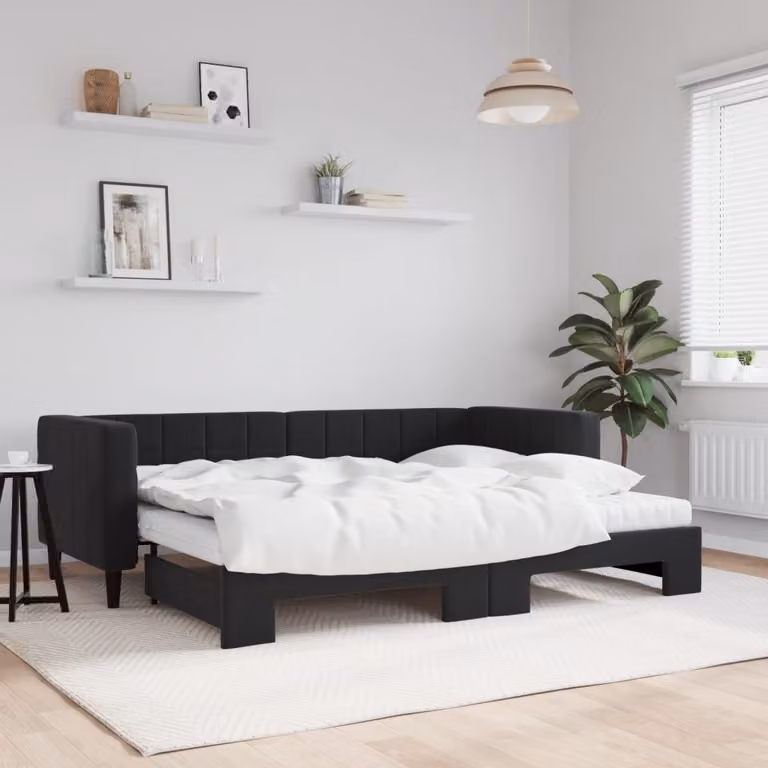 vidaXL Divano Letto Estraibile in Velluto Nero con Materassi L/P/H: 223 x 80 x 90 cm
