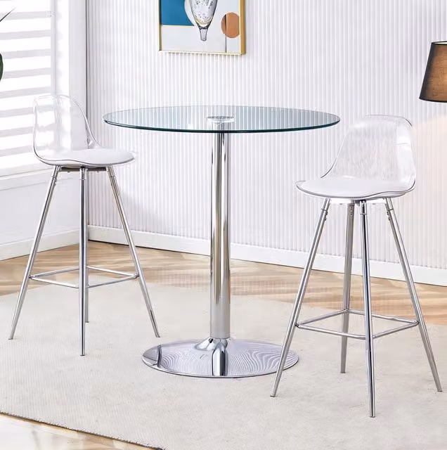 Set tavolo bar rotondo diametro 89 cm argento vetro e metallo, 2 sgabelli