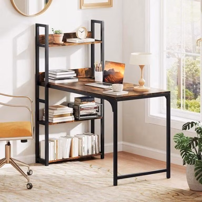 Scrivania Bureau con stazione di ricarica, 120x65 cm - Scrivania con ripiano aperto per libri e prese di corrente