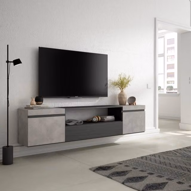 Mobile TV, 200x35x45cm, soggiorno, Per TV fino a 80", da appendere, grigio cemento RF2240