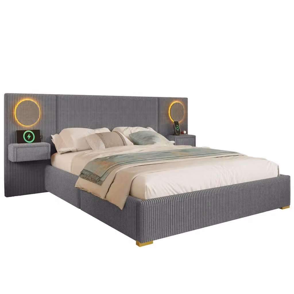 Letto matrimoniale contenitore in velluto grigio con testiera LED, porte USB e cassetti laterali, L/P: 180 x 200 cm – 2