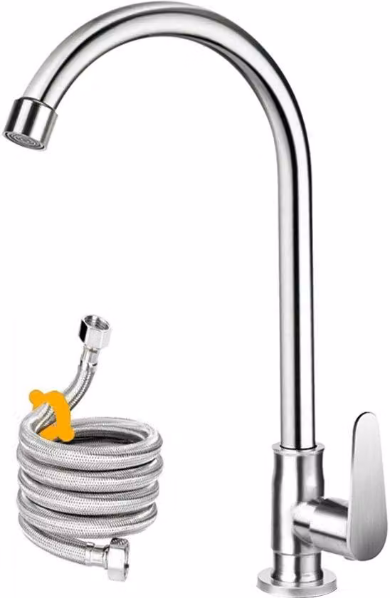 Rubinetto per acqua fredda Ibenzoa® in nichel spazzolato – acciaio inossidabile senza piombo, beccuccio ad arco alto girevole a 360°, dischi in Vetroceramica, aeratore a risparmio idrico, raccordo filettato allungato di 6 cm, tubo flessibile G38