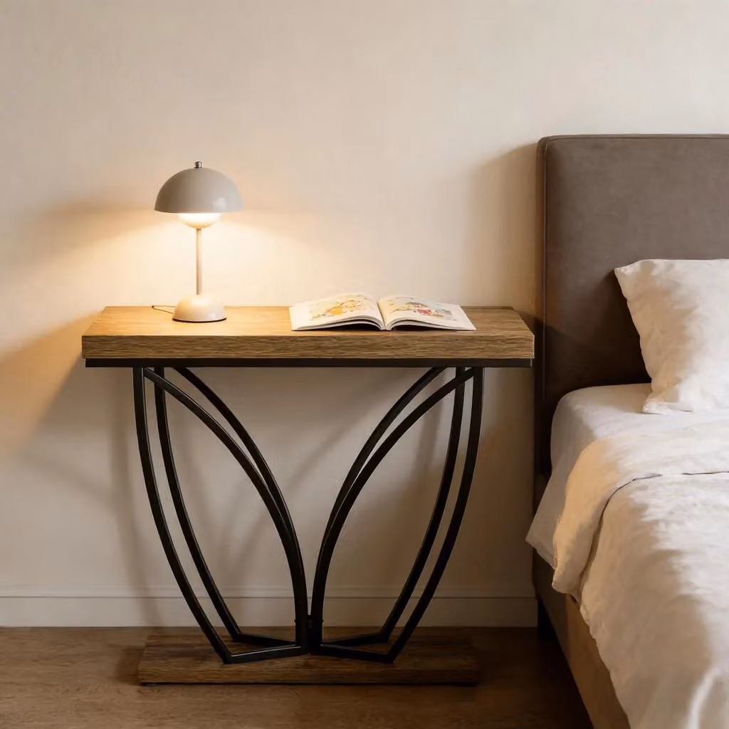 Consolle stretta Mivray con piano in MDF e struttura in metallo, colore marrone rustico e nero, L: 105 cm, P: 30 cm, H: 45 cm – 2