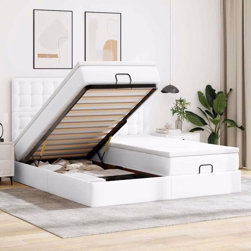 vidaXL Letto Contenitore con Materasso e LED Bianco in Similpelle L: 160 cm, P: 200 cm, H: 280 cm