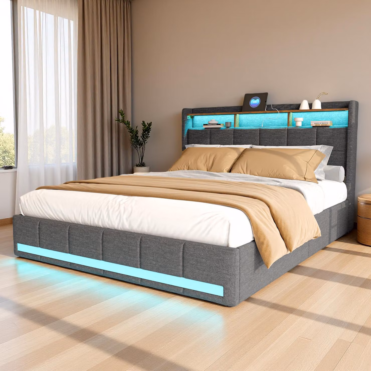 Letto ProximaX 180×200 cm con rivestimento in tessuto, 4 cassetti, connessione USB e Type-C, striscia luminosa a LED, spazio di archiviazione e illuminazione, grigio
