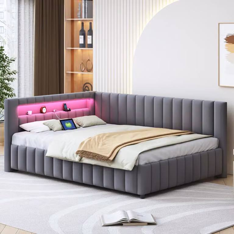 Divano letto imbottito Sweiko 140x200, rivestito in tessuto vellutato con luce LED e porta di ricarica USB, con schienale, testata e robusta struttura letto grigio