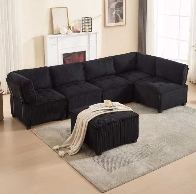 Divano modulare 308x154x82 cm in velluto a coste nero, con tasche, per soggiorni –