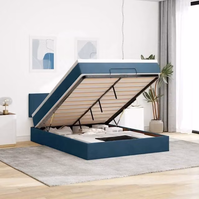 Letto con contenitore a sollevamento vidaXL in velluto blu e bianco L: 200 cm, P: 140 cm, H: 88 cm – 1