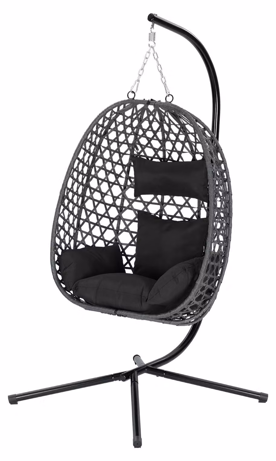 Sedia a dondolo sospesa a forma di uovo - Con struttura e cuscini - Poggiatesta - Realizzata in metallo e rattan in polietilene - Portata massima: 150 kg - Colore: nero