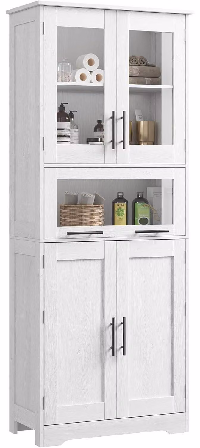 Armadio alto, modello indipendente, bianco, dimensioni 67x30x170 cm, 5 ripiani, 4 ante, ante in vetro