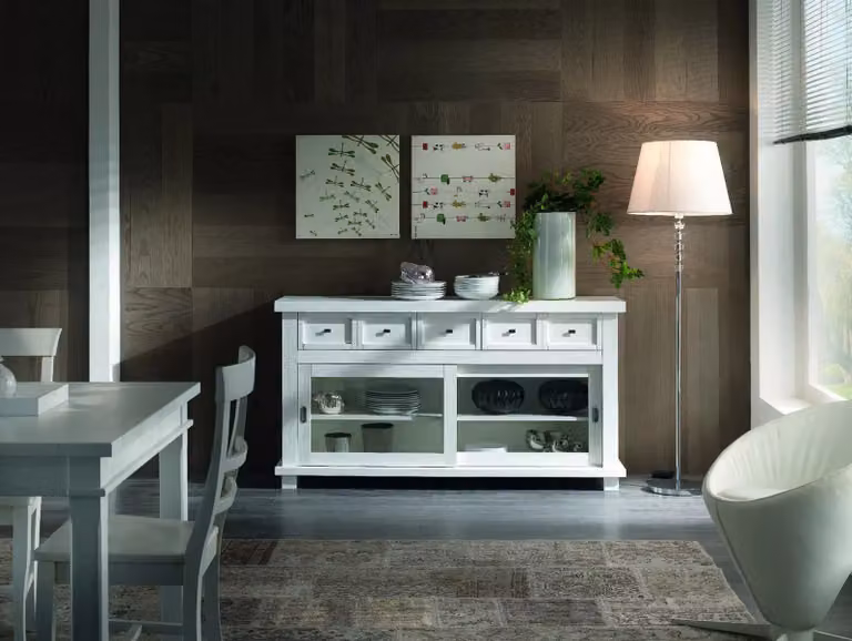 Madia credenza Mobili 2G in legno massello con 2 ante scorrevoli e vetro, bianco opaco, L: 160 cm, P: 45 cm, H: 86 cm