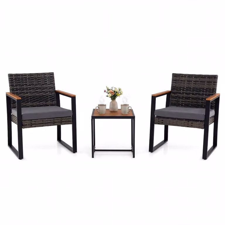 Set di mobili da giardino Costway in rattan grigio composto da 3 pezzi con cuscini imbottiti per balcone e esterno