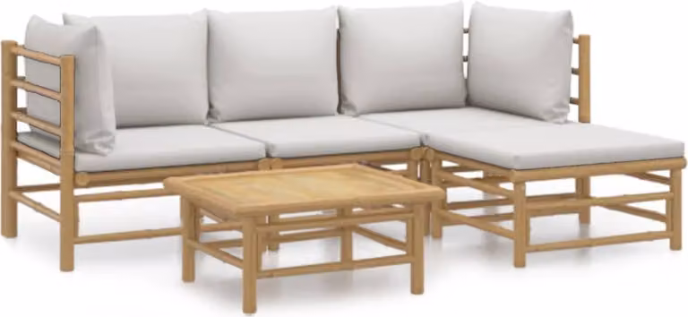 Set Salotto da Giardino 5pz con Cuscini Grigio Chiaro Bambù