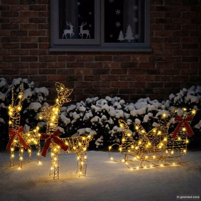 Slitta trainata da renna con illuminazione LED vidaXL, Bianco caldo, L: 30 cm, P: 12 cm, H: 55 cm