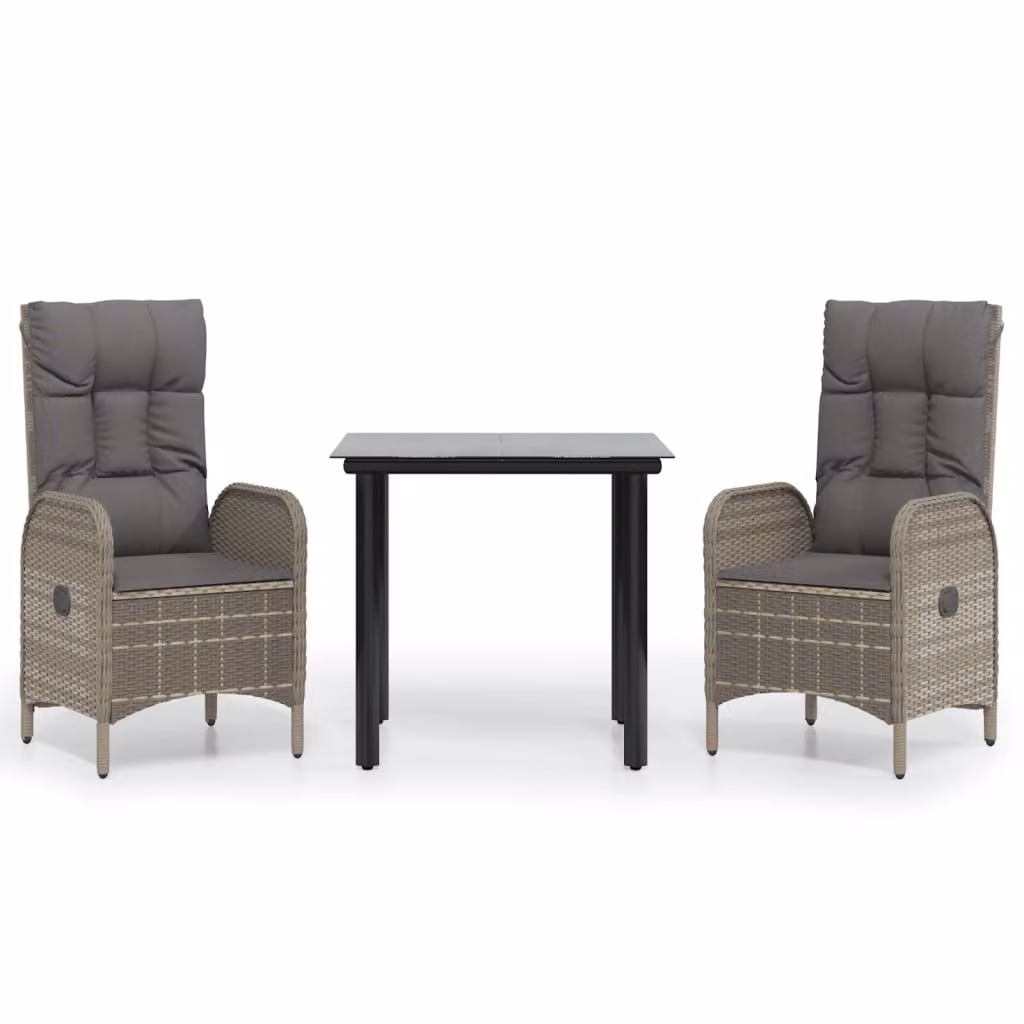 set da pranzo da giardino 3 pezzi con cuscini in poly rattan nero e grigio