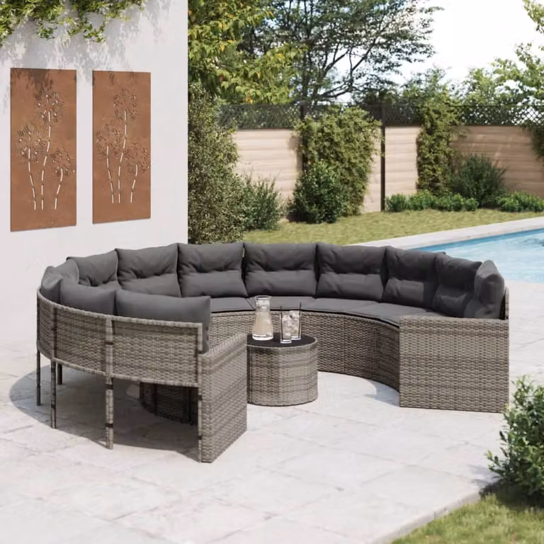 Set da giardino vidaXL a forma di U con divano a 3 posti, tavolino da caffè e cuscini, colore grigio