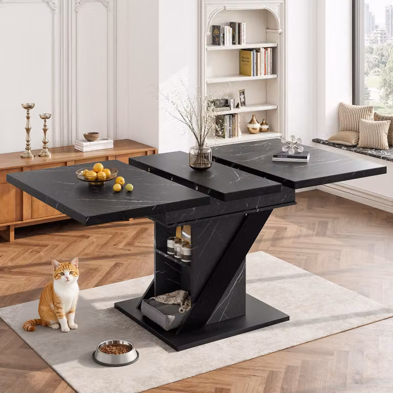 okwish tavolo da pranzo allungabile tavolo da cucina tavolo telescopico con piastra di base stabile e gambe del tavolo, tavolo da soggiorno salvaspazio in look marmo nero, nero