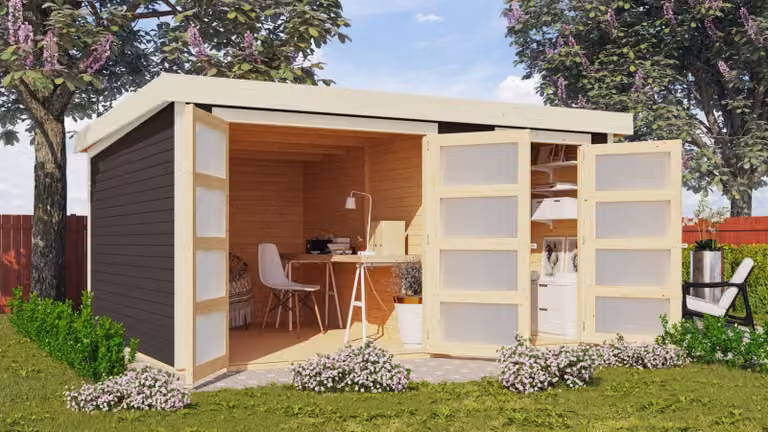 Casetta da giardino in legno Karibu "Mühlentrup 3" grigio terra 4 x 3,3 m (L x P) senza tetto apribile