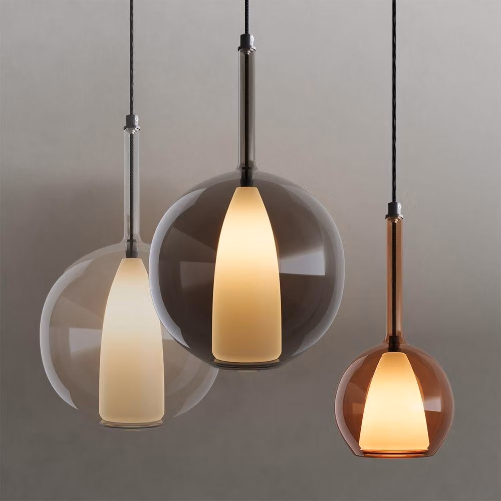 s.luce Belluna Lampada a sospensione da galleria in vetro 500 cm con cavo tessile trasparente Ø 14 cm rotondo