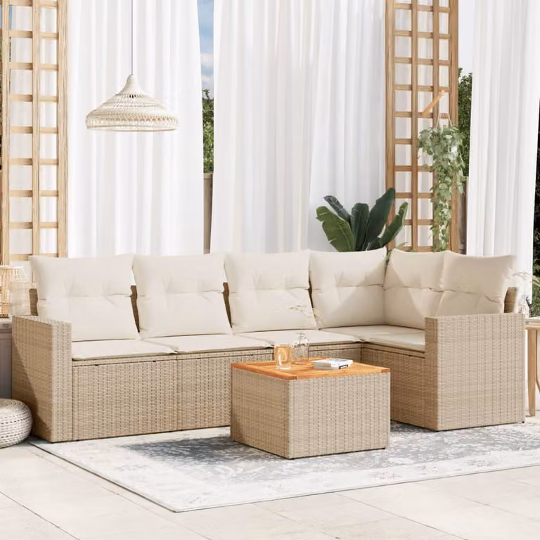 vidaXL Set Divano da Giardino a L in Polyrattan con Cuscini Beige e Tavolino da Esterno 6 pz
