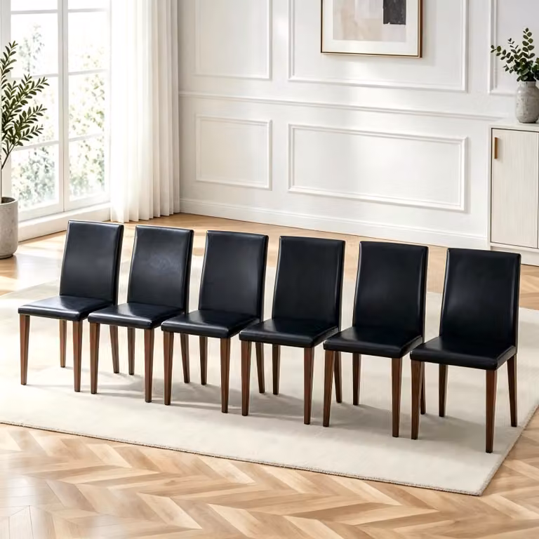 Set di 6 sedie da pranzo, design minimalista, rivestimento in PU, gambe in metallo, aspetto legno, stile lussuoso e leggero (noce e nero)