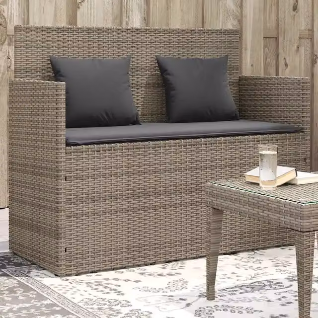 Panca da Giardino con Cuscini-Sgabello-Panca da esterno Grigia in Polyrattan 567704