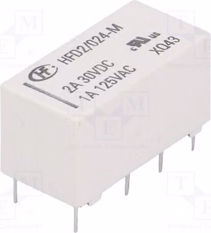 1 relè: elettromagnetico, 1A/125VAC. Bobina: 24VDC, 3A, modello HFD2/024-M. Relè elettromagnetico