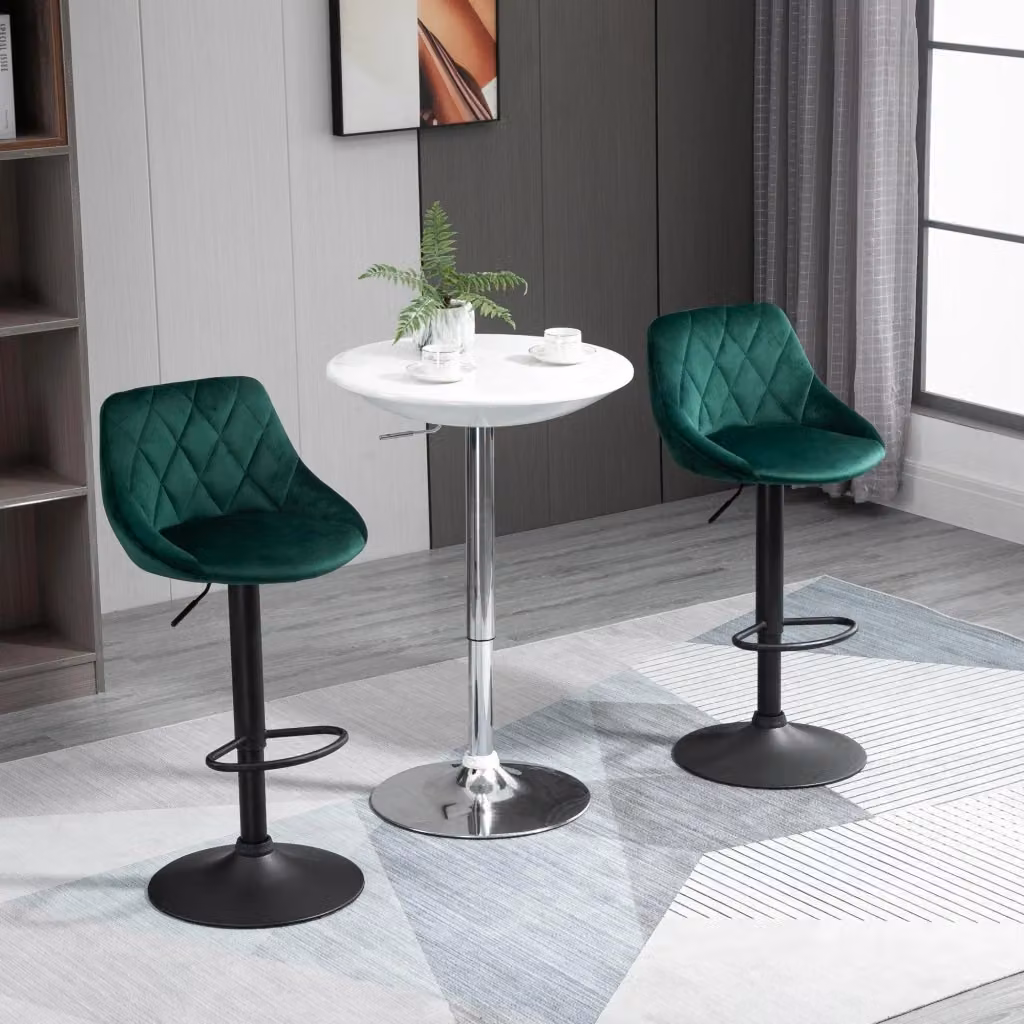 Set di 2 sgabelli da bar GIORDANOSHOP in tessuto effetto velluto verde, girevoli e moderni, L: 51,5 cm, P: 48 cm, H: 83-104 cm – 2