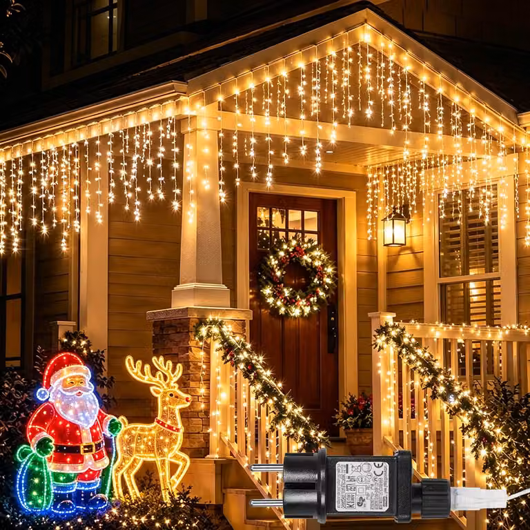 Catena luminosa a forma di stalattiti, luce calda, 10 metri. Catena luminosa LED a forma di stalattiti, 8 modalità, timer e funzioni di memorizzazione. Ideale per finestre, grondaie, balconi, giardini, decorazioni natalizie