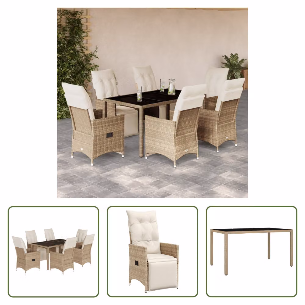 The Living Store Set bistrot da giardino 7 pezzi con cuscini Beige in poly rattan