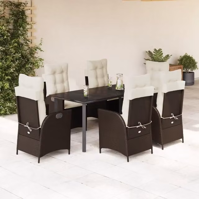 Set da Pranzo da Giardino 7pz con Cuscini in Polyrattan Marrone 3213209
