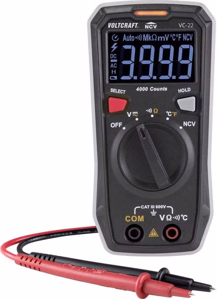VOLTCRAFT VC-22: Multimetro digitale portatile, categoria CAT III, 600 V, display (conteggi): 4000, misurazione della temperatura