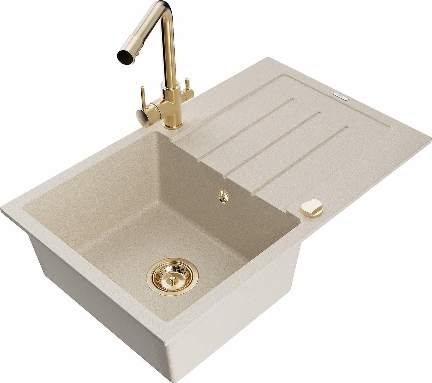 Mexen Bruno lavello da cucina in granito 1-vasca con scolapiatti e rubinetto Duero, beige - 6513-69-671600-50
