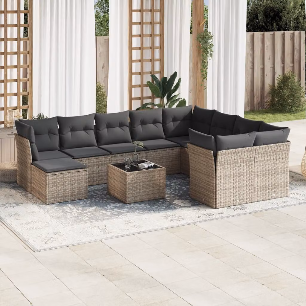 vidaXL Set Divani da Giardino 11 pz a Forma a L con Cuscini e Tavolino, Polyrattan e Metallo, Grigio – 1
