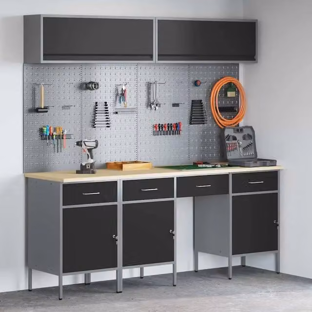 Set di mobili da lavoro vidaXL in acciaio e legno con cassetto con blocco, 10 pezzi, Nero