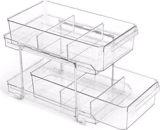 Scaffale a doppio vano con divisori e ripiani, cassetto da cucina trasparente, estraibile, adatto alla cucina, in legno.