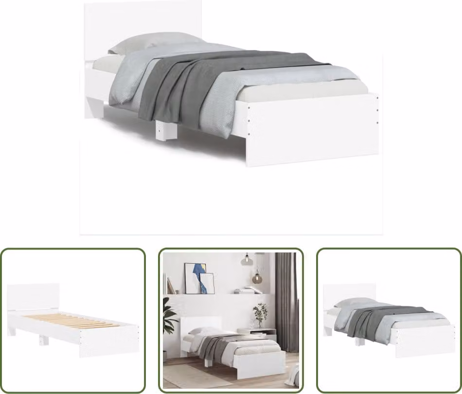 The Living Store Giroletto con testiera bianco 90x200 cm in materiale ligneo
