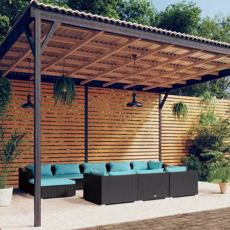The Living Store Set da giardino da 10 pezzi con cuscini in poly rattan nero